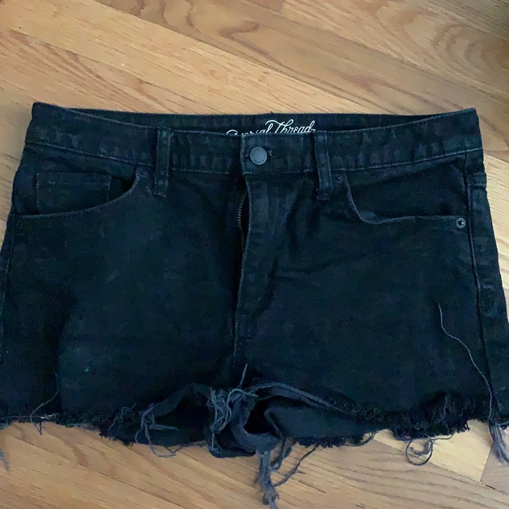 Dark distressed denim shorts